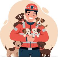 A smiling man in a red jacket happily holds several playful puppies in a colorful, flat illustration vector