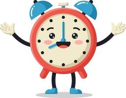 Cheerful clock character with arms open wide in flat design illustration vector