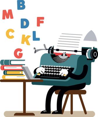 A cartoon character typing on a vintage typewriter in a cozy office setting, flat art