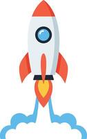 Rocket launching into space with colorful flames in flat art vector