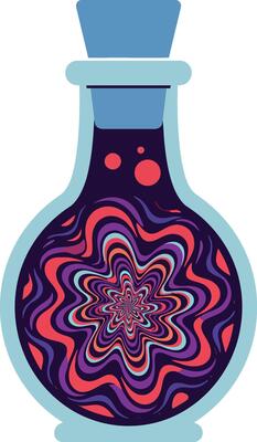 Colorful potion bottle with swirling patterns in flat design art