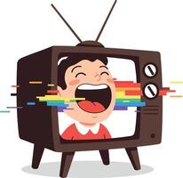 A joyful boy with a wide smile emerging from a retro television screen in flat art vector