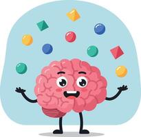 A cheerful cartoon brain juggling colorful geometric shapes in a playful flat illustration vector