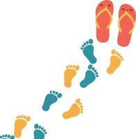 Colorful footprints leading to smiling flip-flops in a playful minimal illustration vector