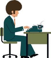 Man with curly hair typing on a retro typewriter at a desk in flat art vector