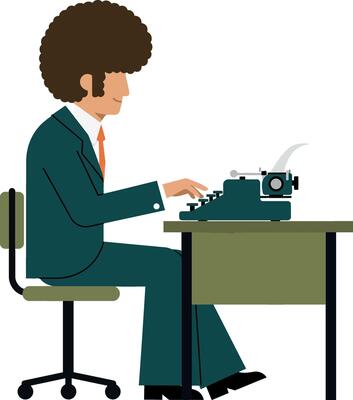 Man with curly hair typing on a retro typewriter at a desk in flat art