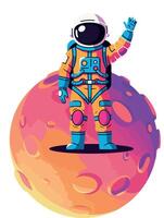 Astronaut in vibrant space suit waving atop a colorful planet in flat art vector