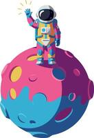 Astronaut waving on a colorful planet with vibrant shapes in a flat illustration vector