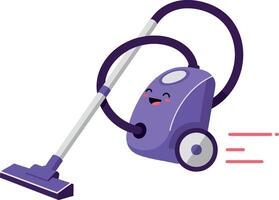 A cheerful purple vacuum cleaner in a flat, minimal design performing cleaning tasks with a lively expression, art vector