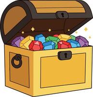 Treasure chest overflowing with colorful gems in flat art vector