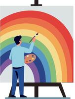 A man painting a colorful rainbow on a canvas in a minimal flat design art vector