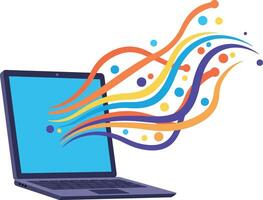 Laptop emitting colorful waves and dots in a flat and vibrant design style illustration vector