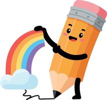 Cheerful pencil character creating a colorful rainbow in a playful flat illustration vector