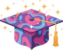 Colorful graduation cap with swirling patterns and sparkles in a flat illustration vector