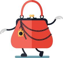 A quirky red handbag with playful arms and legs in a minimal flat design illustration vector
