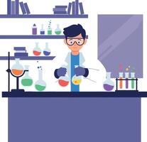Scientist in a lab coat conducting experiments with colorful liquids in a flat illustration vector