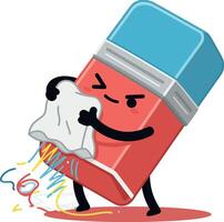Cartoon-style eraser character angrily cleaning up pencil marks in a fun and playful illustration vector