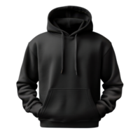 Black hooded sweatshirt with drawstrings and front pocket isolated on transparent background. Comfortable casual apparel for cool weather fashion template. png