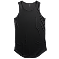 Simple black tank top displays on transparent background. The athletic shirt is sleeveless with a rounded hem. Fabric texture and form visible in the studio lighting. png