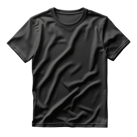 Black simple t-shirt lays flat on transparent background. Fabric texture visible with subtle folds and shadows. Short sleeves and round neck visible. png