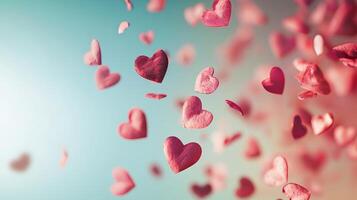 Floating Pink Hearts on a Light Background Creating a Romantic Atmosphere. Concept of Love, Romance, Valentine's Day, and Joyful Emotions. Copy space photo