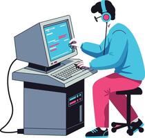 Young man coding on retro computer with headphones in flat art vector
