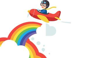 A joyful child flying a red airplane over a vibrant rainbow in playful flat art vector