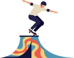 Skateboarder performing an impressive trick on a vibrant half-pipe in flat art vector