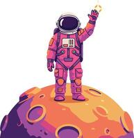Astronaut waving on a colorful moon surface in a vibrant flat illustration vector