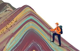 Hiker climbing a colorful mountain ridge in flat design style art vector