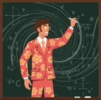A man in a floral suit enthusiastically teaching a physics lesson in a flat art style vector