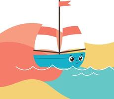 A cheerful cartoon boat sailing on colorful waves in a flat design illustration vector