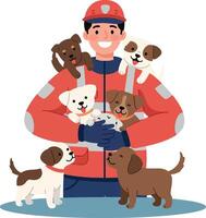 A smiling rescuer in a red jacket surrounded by playful puppies in flat art vector