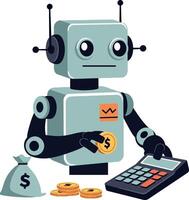 A calculating robot with a cash bag and coins in a flat illustration vector