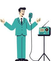 A cheerful man in a teal suit speaking into a retro microphone in a flat illustration vector