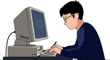 Young man focused on coding at retro computer in minimal flat design art vector