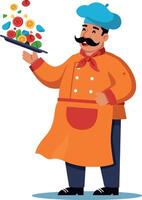 Chef in an orange apron holding a platter of colorful ingredients in a playful flat illustration vector