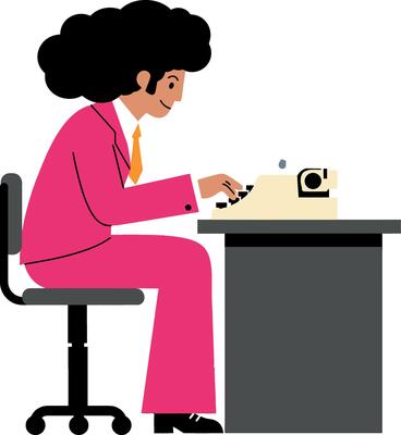 A woman in a pink suit typing on a vintage typewriter in a flat illustration