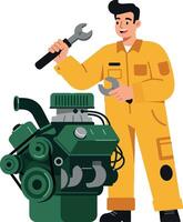 Mechanic in yellow jumpsuit working on a green engine in flat art vector