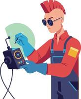 Technician with spiked hair using multimeter in minimal flat art vector