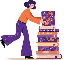 A woman stacking colorful books in a cheerful setting with flat design art vector