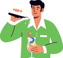 A man in a green lab coat conducting an experiment with colorful liquid in a flask, flat art vector