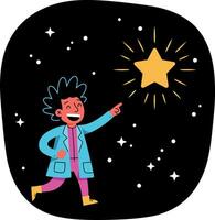 A cheerful child in a blue lab coat pointing at a shining star in a minimal illustration vector