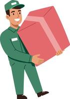 Delivery worker in green uniform cheerfully lifting a large red box in flat art vector
