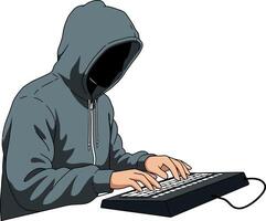 A hooded figure typing on a keyboard in a minimal style art vector