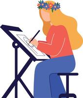 A woman creating art at an easel with a flower crown in a flat illustration vector