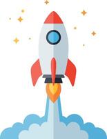 Rocket launching into space with vibrant flames and stars in a flat illustration vector