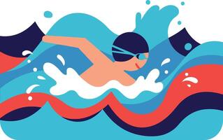 Swimmer in vibrant water, showcasing skill and energy in a flat design illustration vector