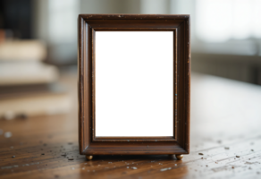 Emotional Storytelling, A Small Empty Frame on Vintage Wooden Table, Representing Fleeting Memories png