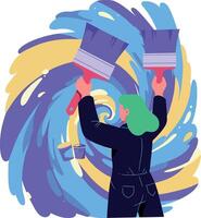 A person painting a colorful swirled background with bold brushes in a flat illustration vector